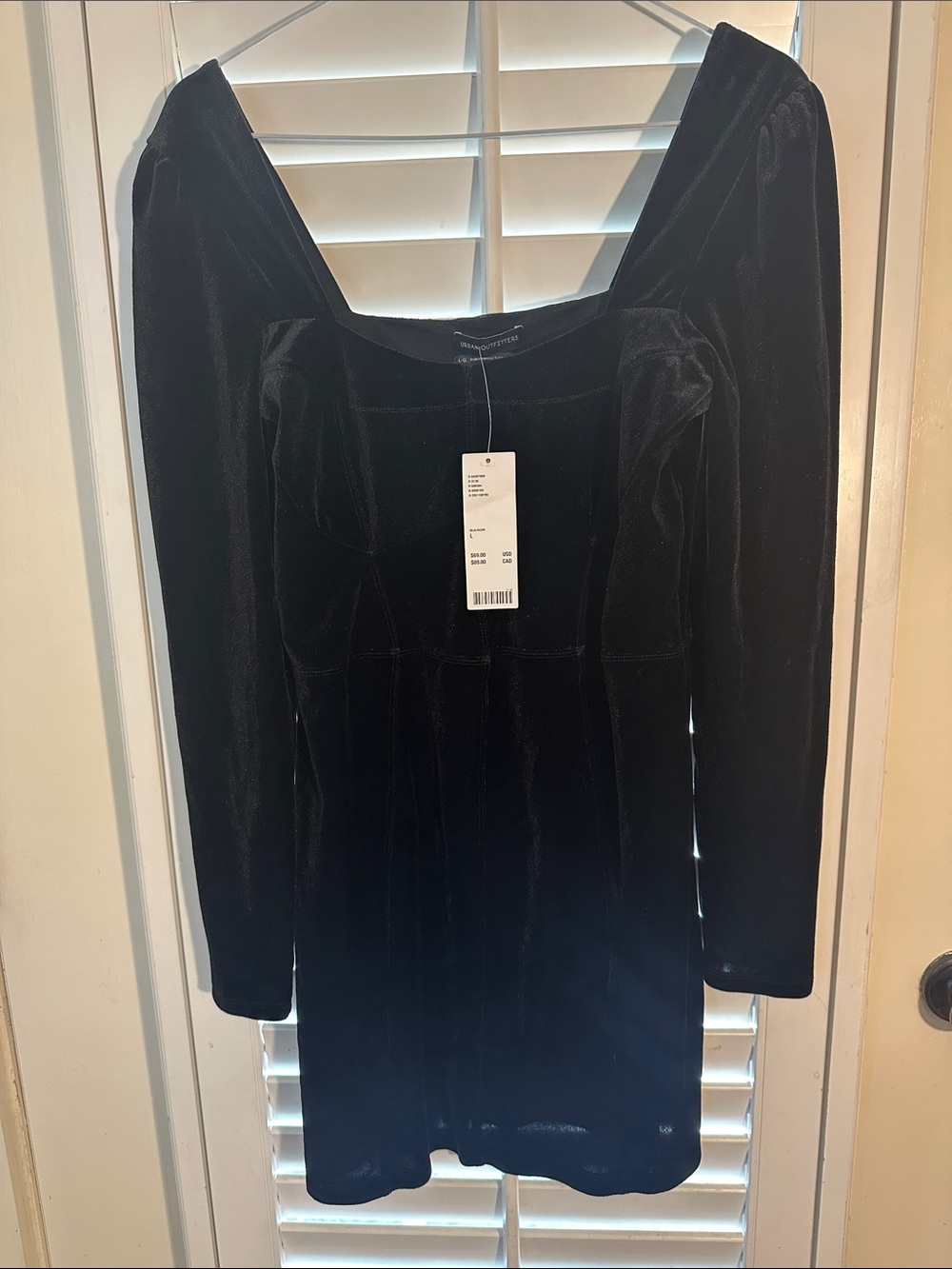 Black Velvet Long-Sleeve Square Neck Dress Urban Outfitters Large NWT